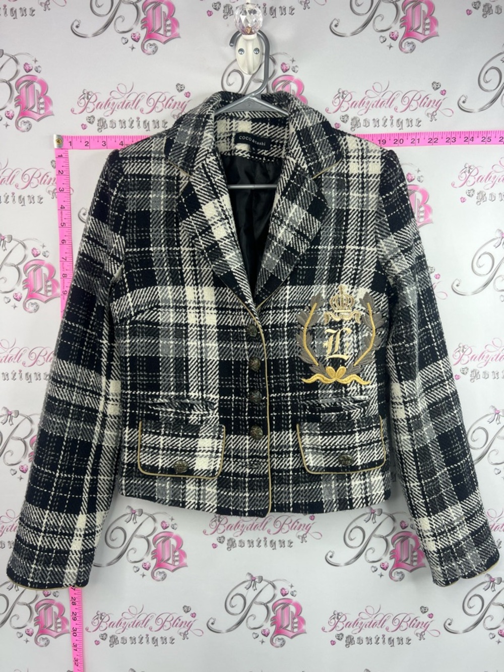 Coco & Tashi  blazer Black & White Plaid Cropped Blazer with Gold Crest Detail